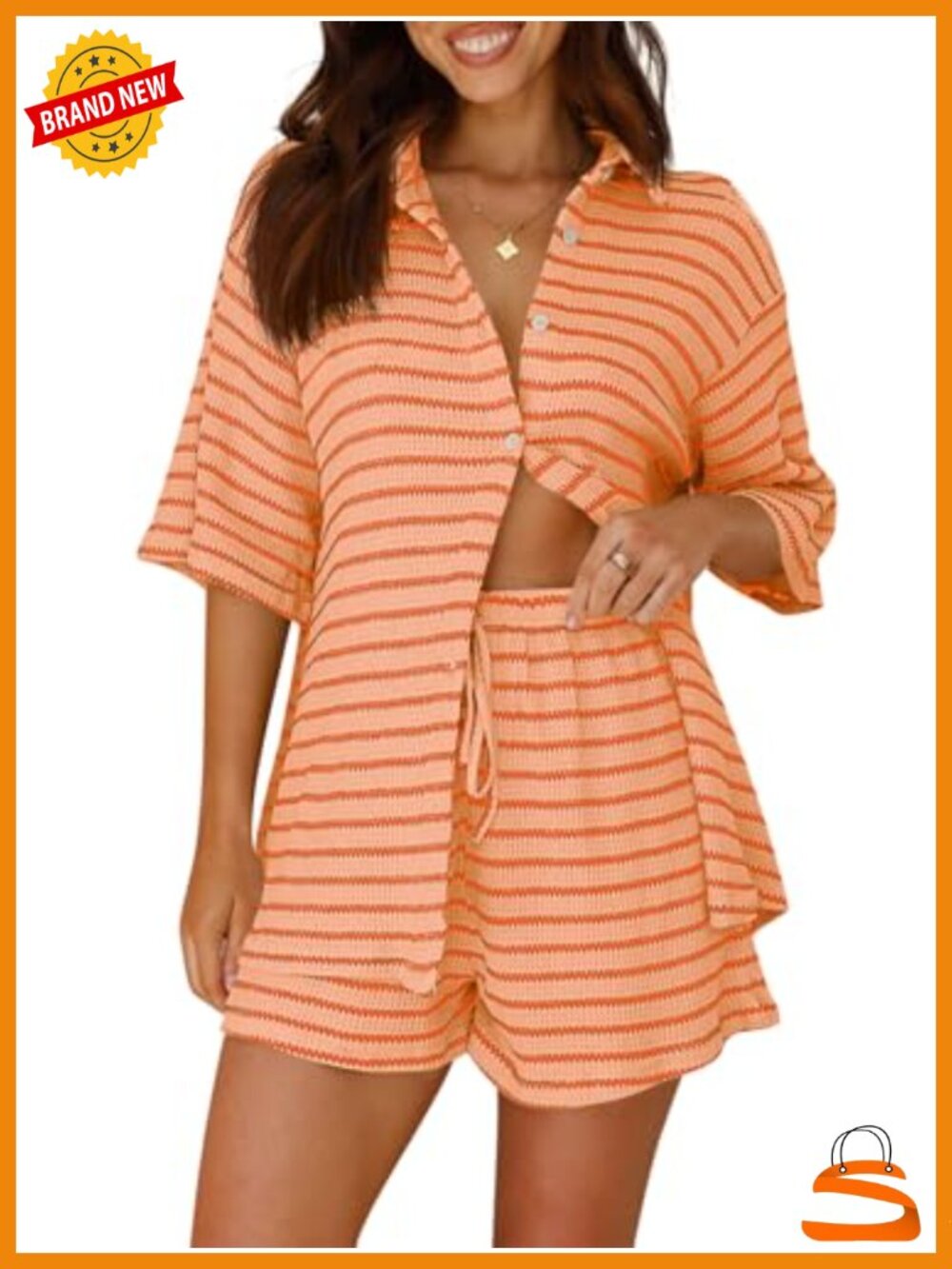 Striped Waffle Knit 2 Piece Pajama Lounge Set Button Down Shirt and Shorts